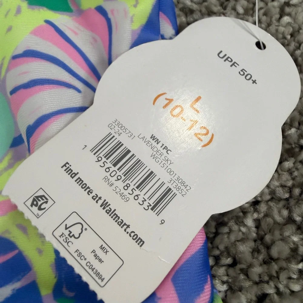 Wonder Nation Girls Tropical Leaf Ruffle One Piece Swimsuit Lavender Sky L 10-12